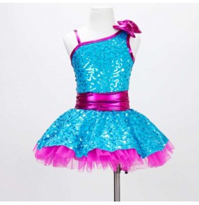 Toddlers sequins jazz dance dress for girls kids pink with turquoise tutu skirts carnival party performance lollipop tap jazz dance sequins outfits